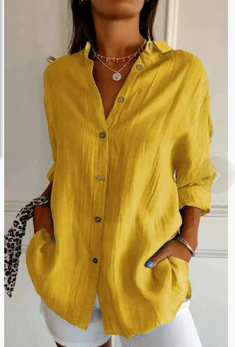 "Lässige Damen Langarm Bluse mit Knopfleiste, lockere Passform, vielseitige Farbe, ideal für Büro und Freizeit."