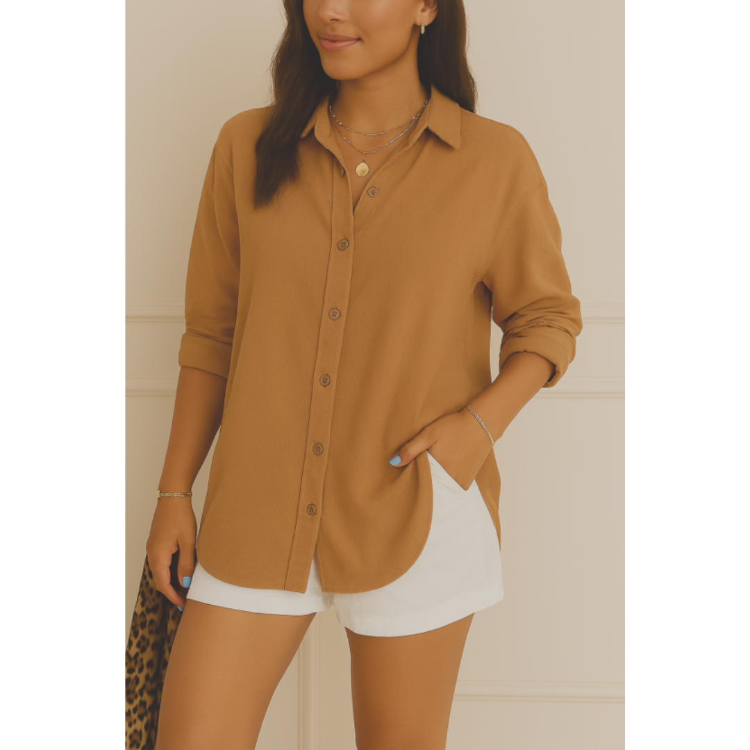"Lässige Damen Langarm Bluse mit Knopfleiste, lockere Passform, vielseitige Farbe, ideal für Büro und Freizeit."