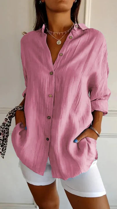 "Lässige Damen Langarm Bluse mit Knopfleiste, lockere Passform, vielseitige Farbe, ideal für Büro und Freizeit."