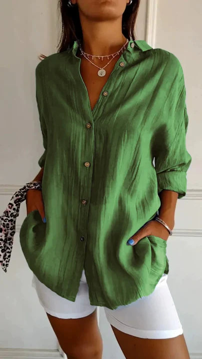 "Lässige Damen Langarm Bluse mit Knopfleiste, lockere Passform, vielseitige Farbe, ideal für Büro und Freizeit."