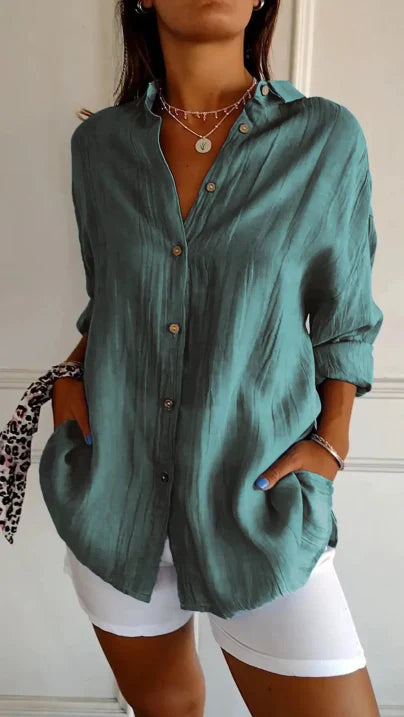 "Lässige Damen Langarm Bluse mit Knopfleiste, lockere Passform, vielseitige Farbe, ideal für Büro und Freizeit."