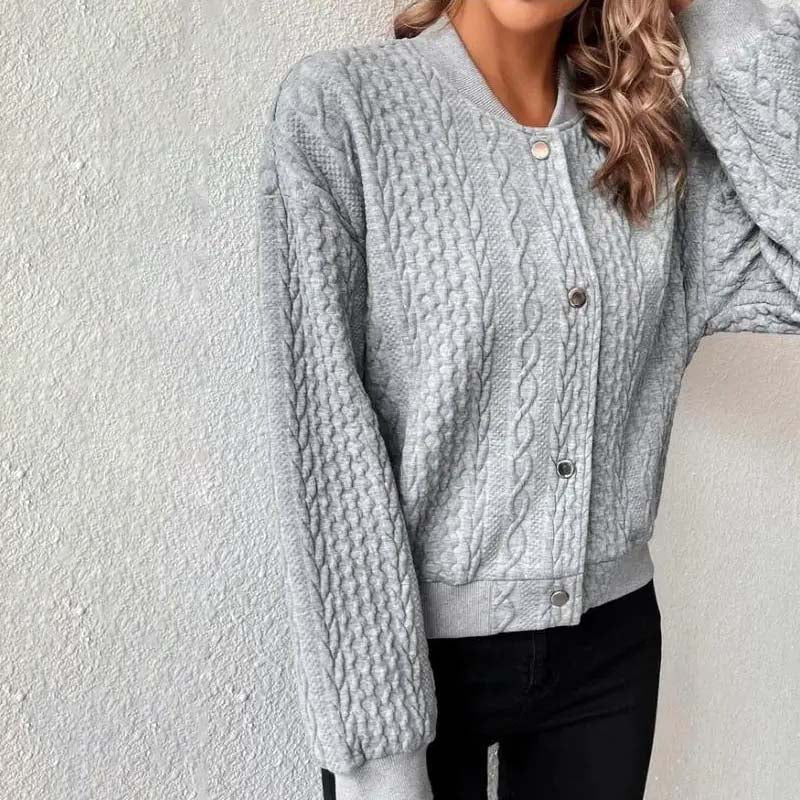 "Lässige Damen Strickjacke, langärmlig, mit Stehkragen, ideal für kühle Tage, vielseitig kombinierbar, komfortabel"