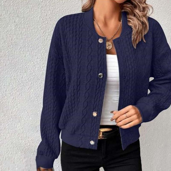 "Lässige Damen Strickjacke, langärmlig, mit Stehkragen, ideal für kühle Tage, vielseitig kombinierbar, komfortabel"