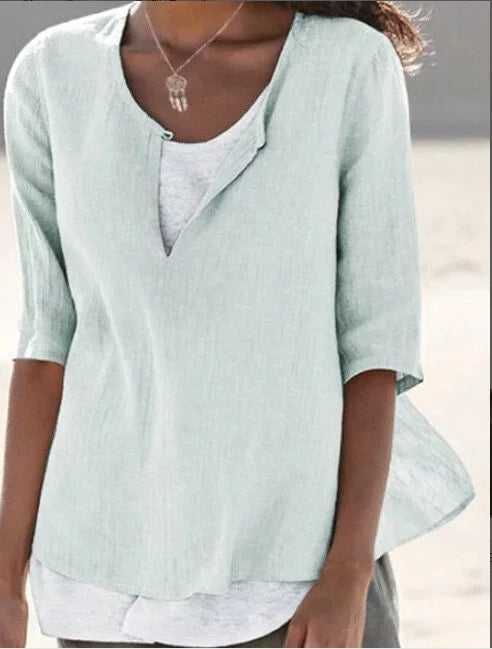 "Lässige Damenbluse mit Schichtoptik, Fließende Silhouette, Eleganter Sommerstil, Perfekt für Alltag und Anlässe"
