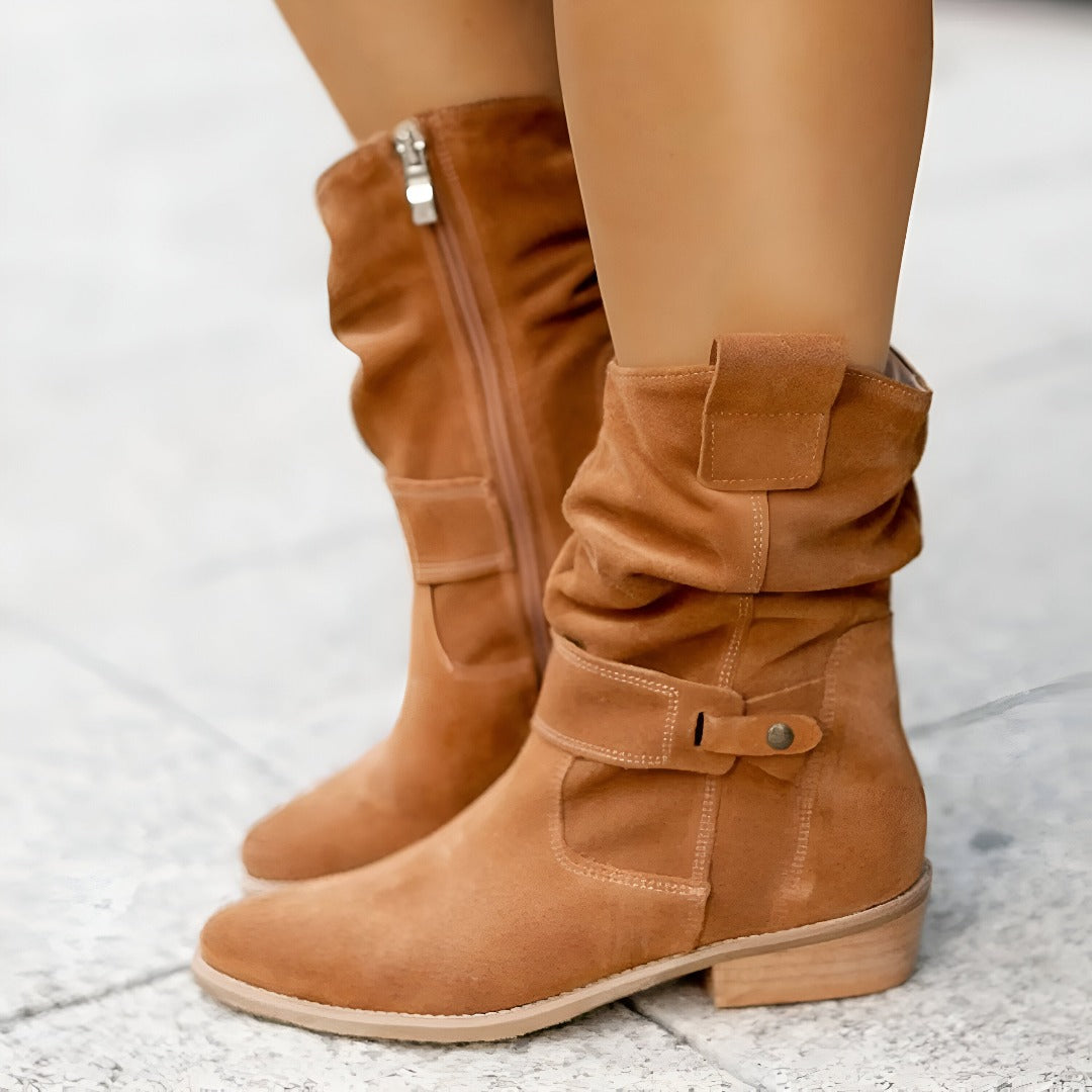 "Lässige Stiefel mit rundem Zeh und niedrigem Absatz aus Kunst-Wildleder, ideal für Komfort und Stil im Herbst."