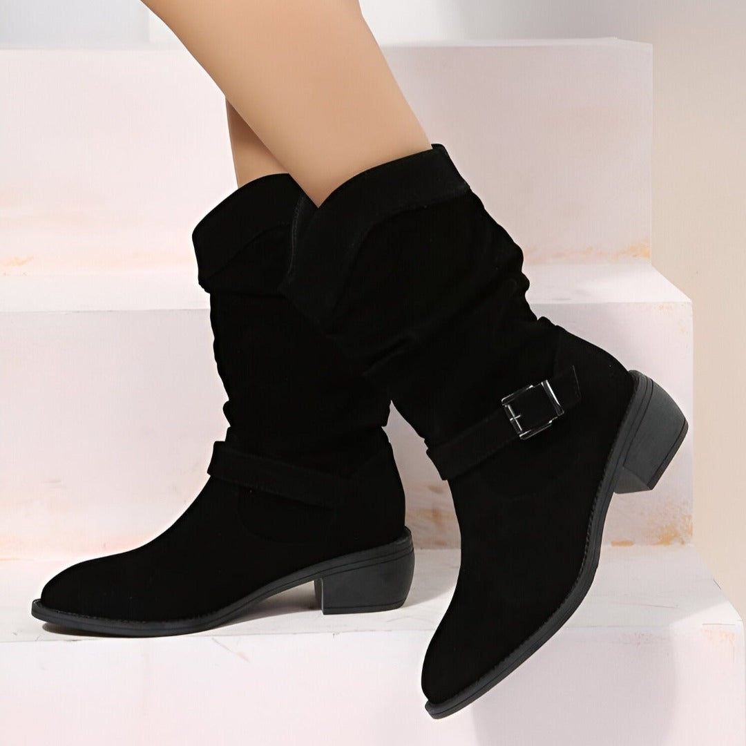 "Lässige Stiefel mit rundem Zeh und niedrigem Absatz aus Kunst-Wildleder, ideal für Komfort und Stil im Herbst."