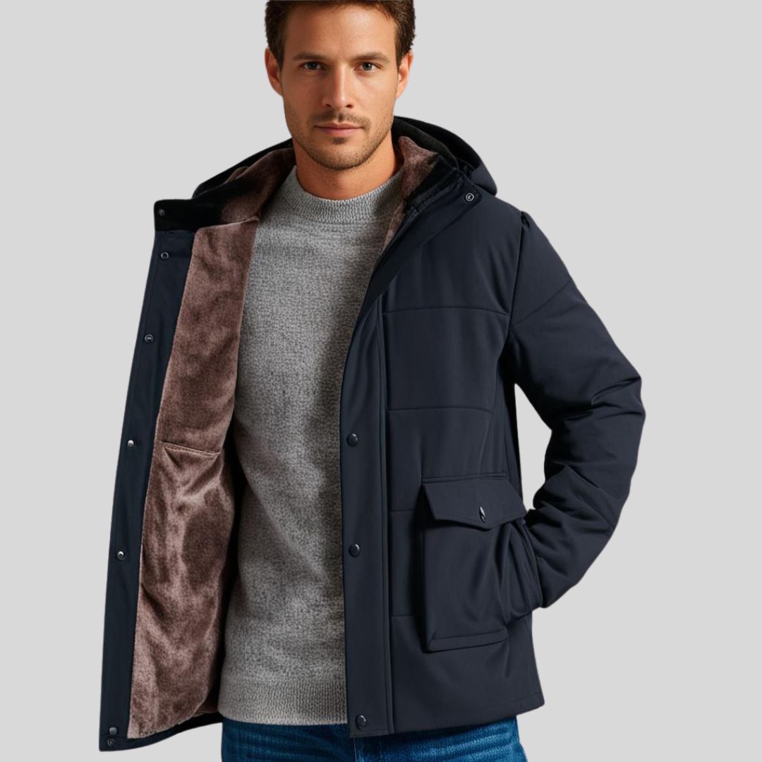 "Lässige Winterjacke mit Kapuze, wind- und wasserabweisend, schwarz, vielseitige Taschen, fleecegefüttert für Herren"