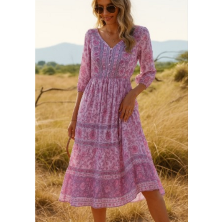 "Lässiges Damen Midi Blumenkleid mit floralem Druck im Ibiza Stil, lockere Passform, für Sommer geeignet."