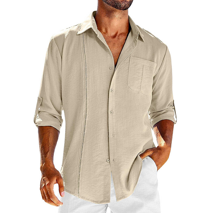 Lässiges Herren-Kubanerhemd aus Gossamer-Leinen mit Retro-Kragen, ideal für Sommertage, in Beige und Dunkelblau erhältlich.