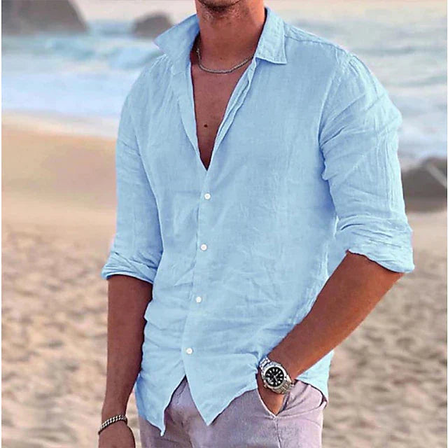 "Lässiges Herren Leinenhemd in Beige, aus atmungsaktiver Baumwoll-Leinen-Mischung mit Button-down-Kragen, Sommermode"
