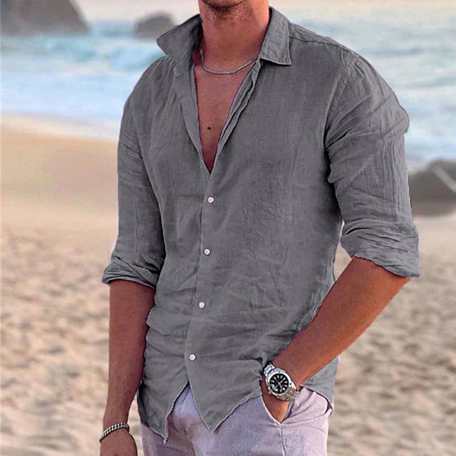 "Lässiges Herren Leinenhemd in Beige, aus atmungsaktiver Baumwoll-Leinen-Mischung mit Button-down-Kragen, Sommermode"