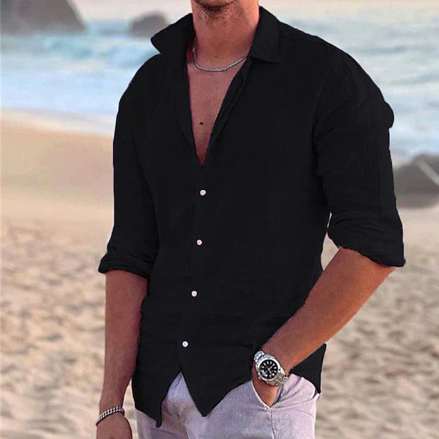 "Lässiges Herren Leinenhemd in Beige, aus atmungsaktiver Baumwoll-Leinen-Mischung mit Button-down-Kragen, Sommermode"