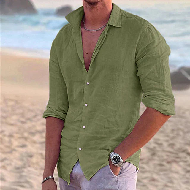 "Lässiges Herren Leinenhemd in Beige, aus atmungsaktiver Baumwoll-Leinen-Mischung mit Button-down-Kragen, Sommermode"