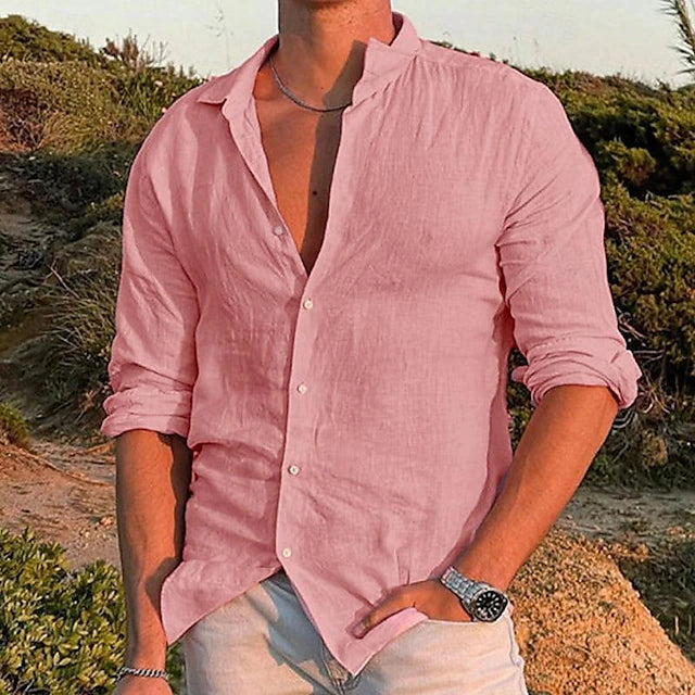 "Lässiges Herren Leinenhemd in Beige, aus atmungsaktiver Baumwoll-Leinen-Mischung mit Button-down-Kragen, Sommermode"