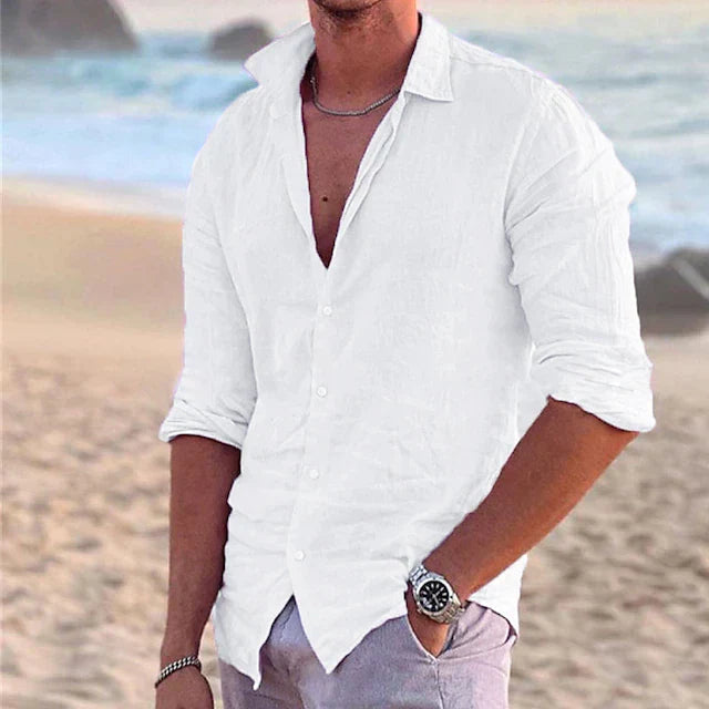 "Lässiges Herren Leinenhemd in Beige, aus atmungsaktiver Baumwoll-Leinen-Mischung mit Button-down-Kragen, Sommermode"