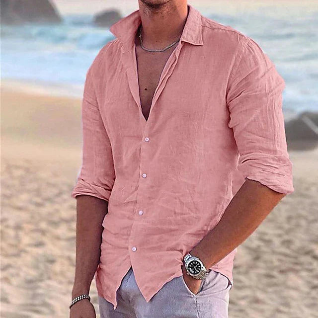 "Lässiges Herren Leinenhemd in Beige, aus atmungsaktiver Baumwoll-Leinen-Mischung mit Button-down-Kragen, Sommermode"