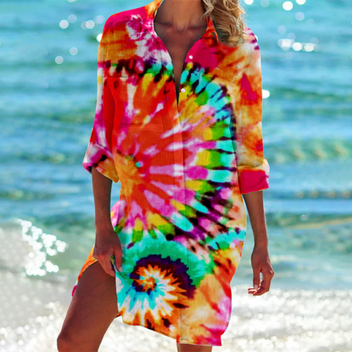 Lebhaftes, mehrfarbiges Damen-Sommerkleid, A-Linien-Passform, luftig, ideal für Strand und Stadtbummel.