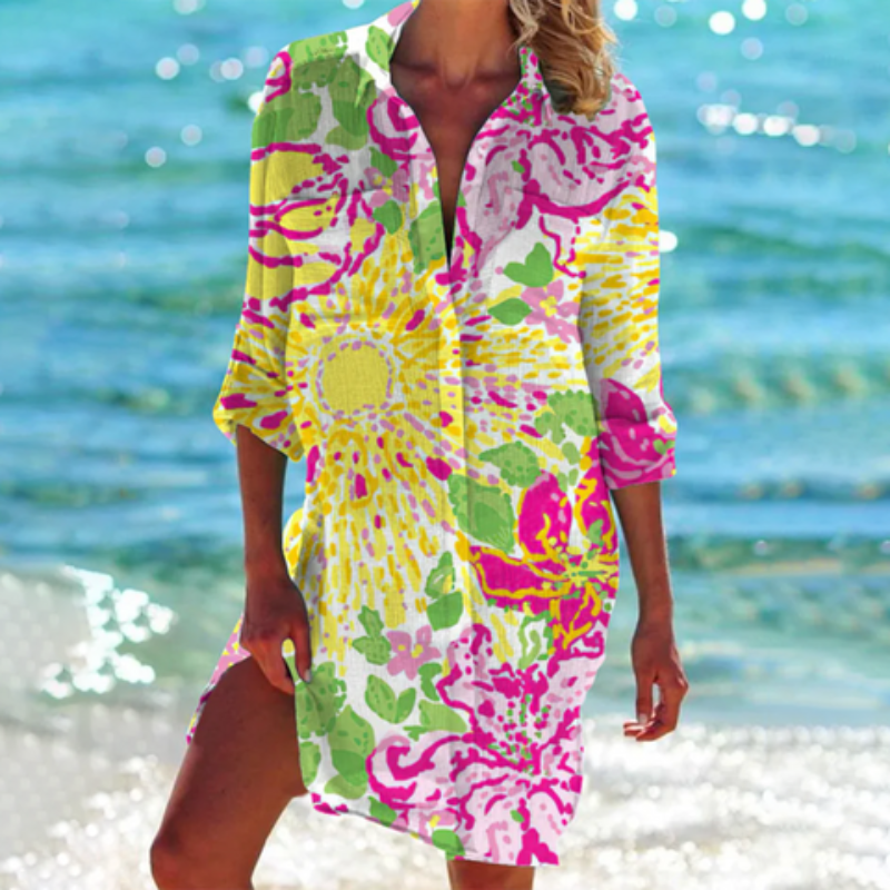 Lebhaftes, mehrfarbiges Damen-Sommerkleid, A-Linien-Passform, luftig, ideal für Strand und Stadtbummel.