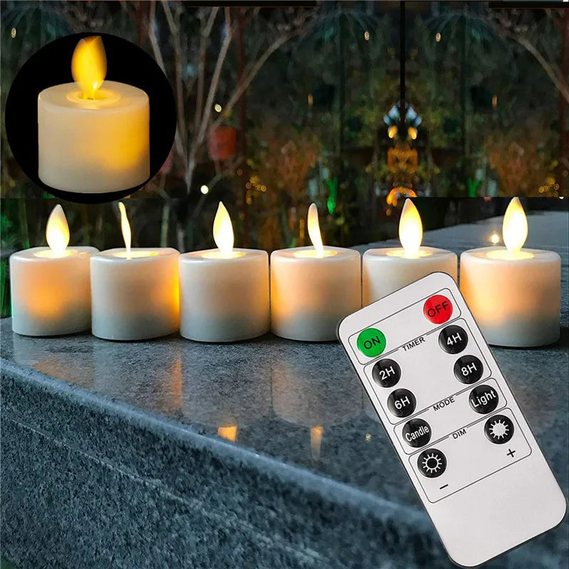 "LED Lichterkerzen Set mit realistischem Flackern und Fernbedienung, perfekt für gemütliche und sichere Raumbeleuchtung."