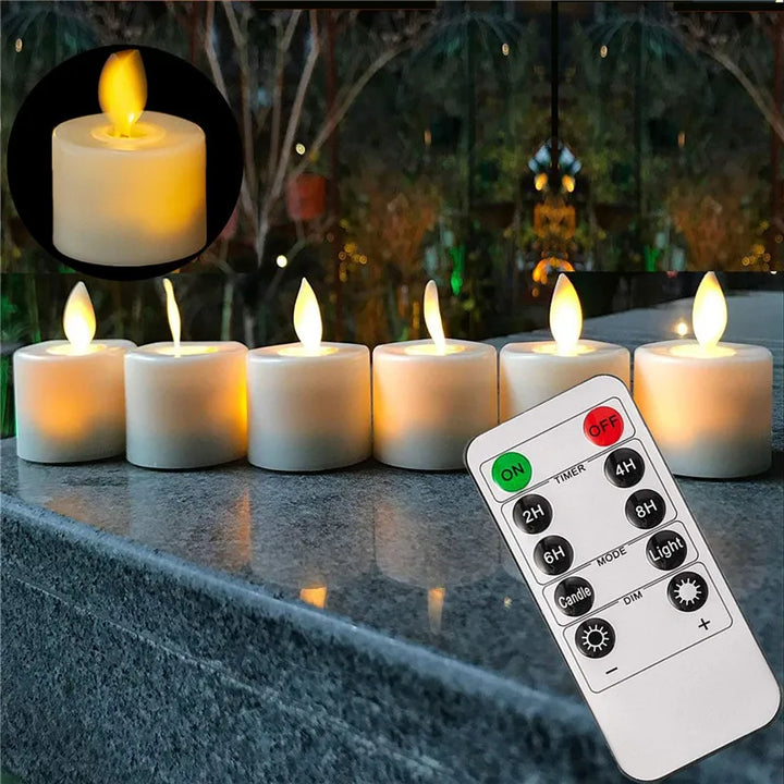 "LED Lichterkerzen Set mit realistischem Flackern und Fernbedienung, perfekt für gemütliche und sichere Raumbeleuchtung."