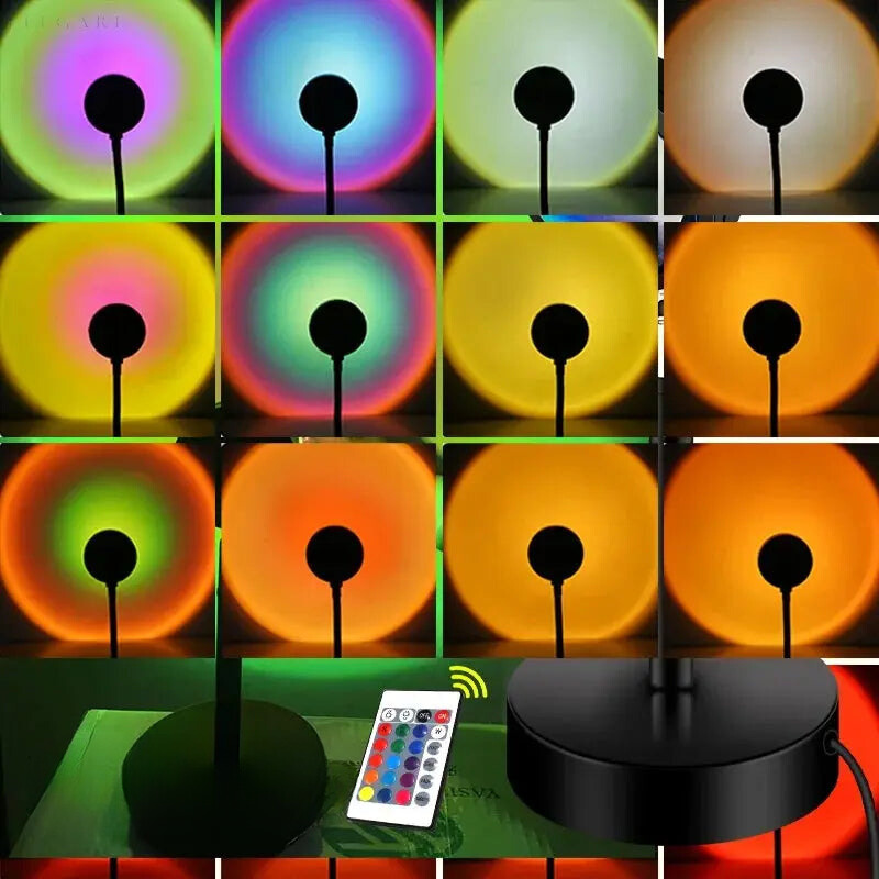 "LED-Projektionslampe mit Sonnenuntergangsfarben, kompakt und modern, schafft stimmungsvolle Beleuchtung auf Tischen"