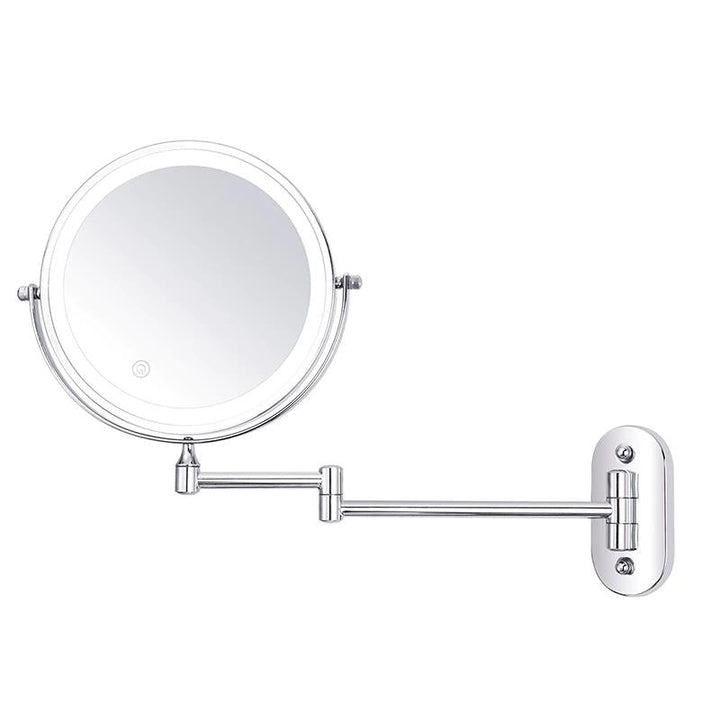 "LED Vergrößerungsspiegel, chromsilber, modern, blendfreies Licht, wiederaufladbar, ideal für Make-up und Hautpflege."