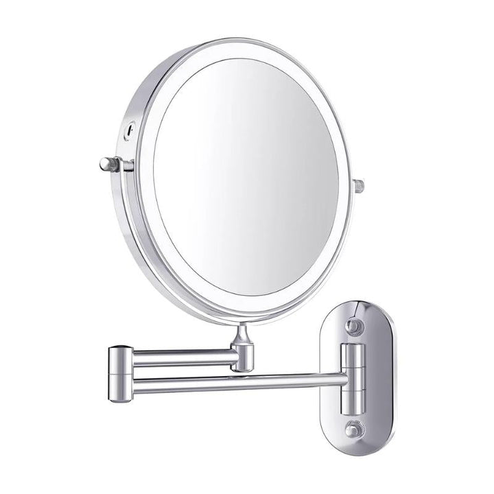 "LED Vergrößerungsspiegel, chromsilber, modern, blendfreies Licht, wiederaufladbar, ideal für Make-up und Hautpflege."