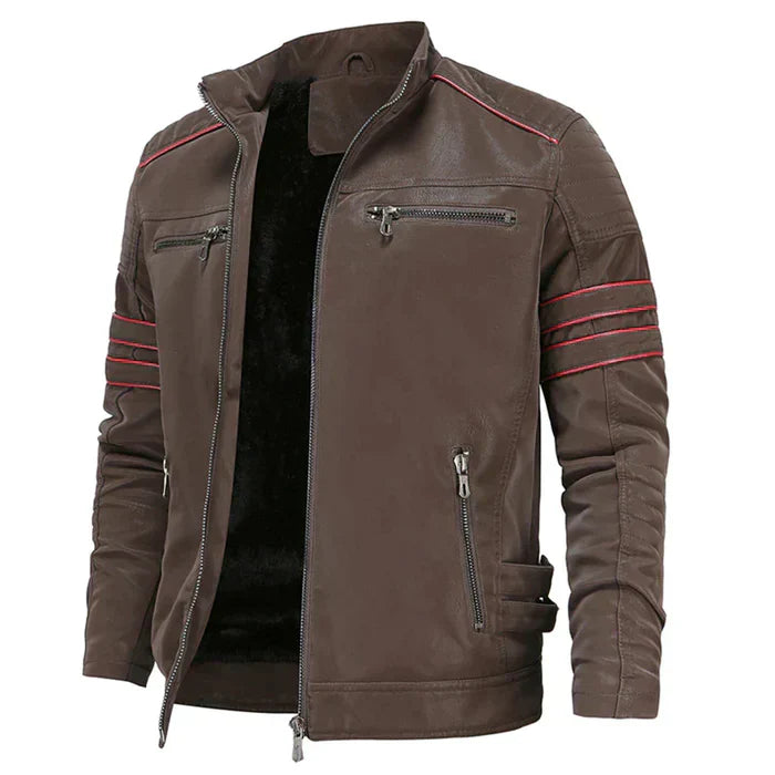 "Leder Motorradjacke Herren, robustes Design, eleganter Stil, warmes Polyesterfutter, ideal für Stadt und Landfahrten."