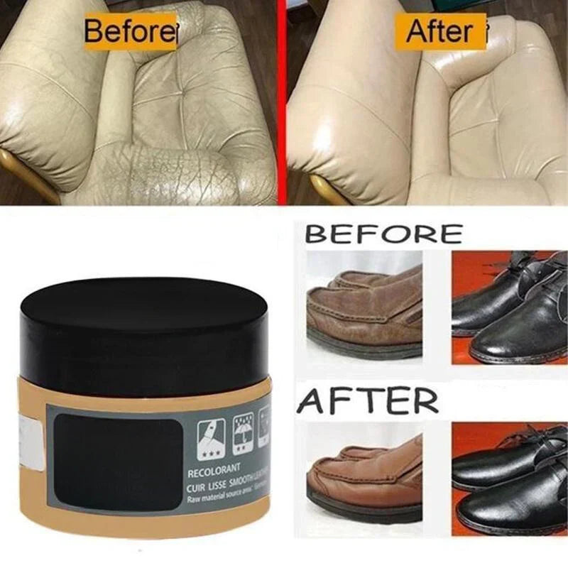 "Lederpflege-Creme aufgetragen auf braunes Ledersofa, revitalisiert und schützt durch wasserabweisende Schicht."