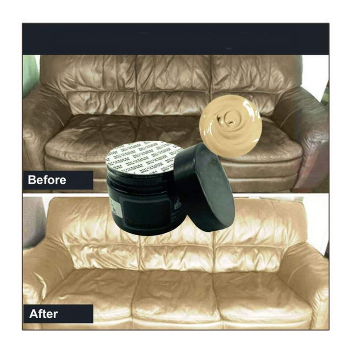 "Lederreparaturbalsam für Glattleder, Tiefenwirksame Pflege, Vorher-Nachher Effekt, revitalisiert verblasstes Leder."