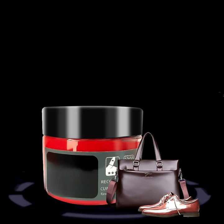 "Lederreparaturbalsam für Glattleder, Tiefenwirksame Pflege, Vorher-Nachher Effekt, revitalisiert verblasstes Leder."