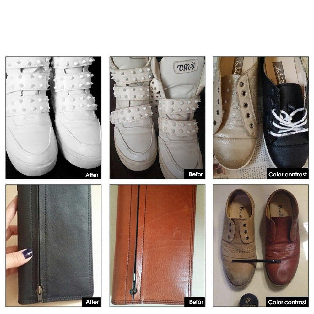 "Lederreparaturbalsam für Glattleder, Tiefenwirksame Pflege, Vorher-Nachher Effekt, revitalisiert verblasstes Leder."