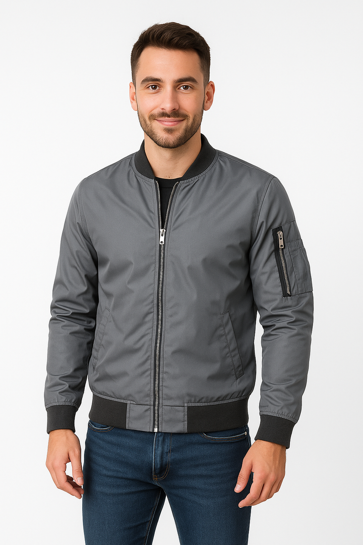"Leichte Herren Bomberjacke in Grau, Grün, Marineblau oder Schwarz für einen stilvollen, vielseitigen Look."