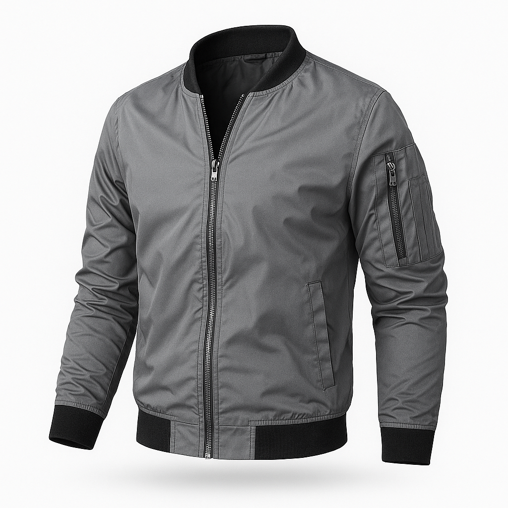 "Leichte Herren Bomberjacke in Grau, Grün, Marineblau oder Schwarz für einen stilvollen, vielseitigen Look."