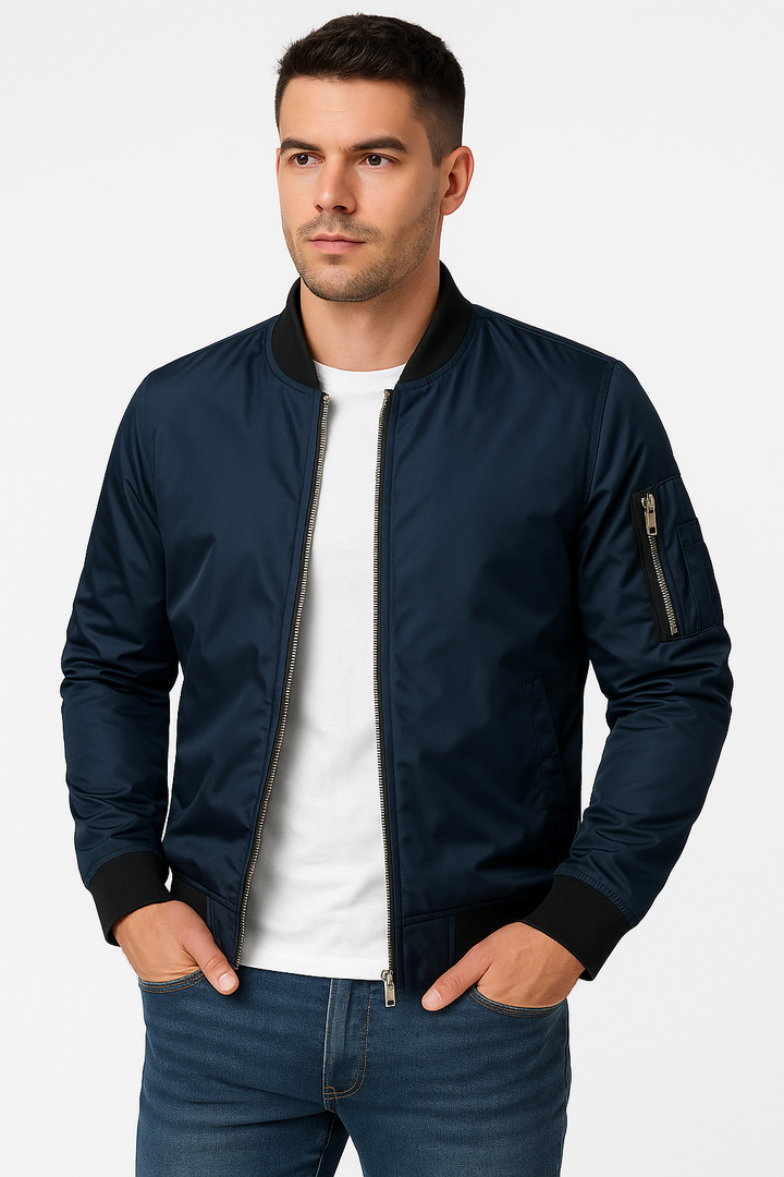 "Leichte Herren Bomberjacke in Grau, Grün, Marineblau oder Schwarz für einen stilvollen, vielseitigen Look."