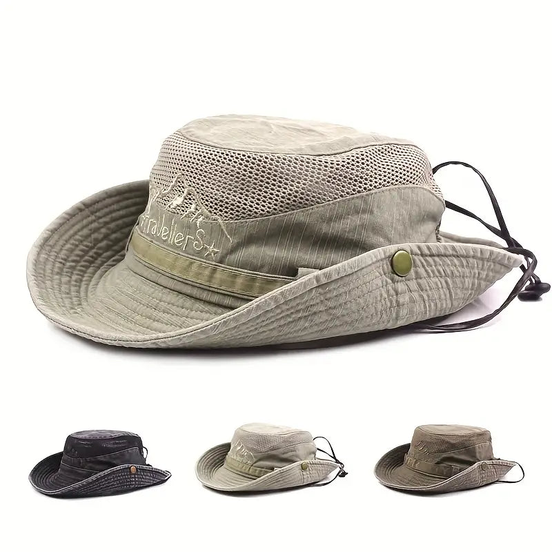 "Leichter Outdoor-Sonnenhut mit breitem Rand, verstellbarem Riemen, in Khaki, schützt stilvoll vor Sonne und UV-Strahlen."
