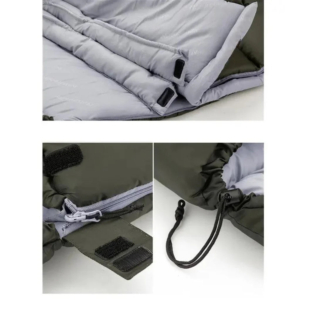 "Leichter Schlafsack für Camping, isoliert, atmungsaktiv, ideal für kühle Nächte, outdoor-geeignet, kompakt verstaubar."