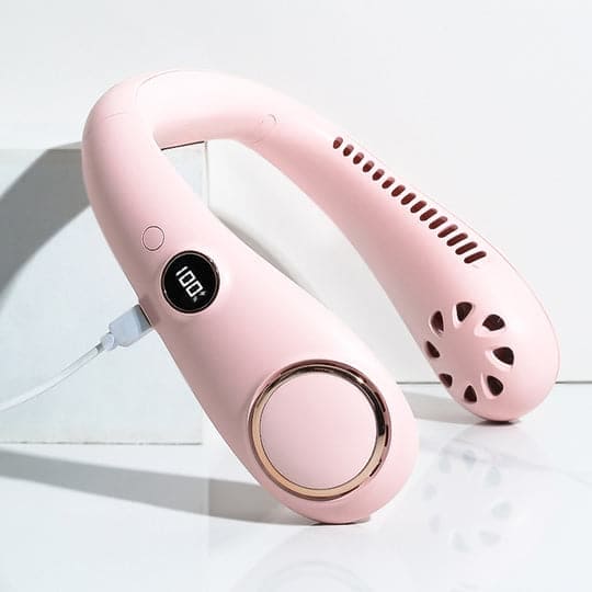 "Leichter, wiederaufladbarer Nackenventilator, tragbar, bietet leise Kühlung, ideal für Sommer, ergonomisches Design, grün."
