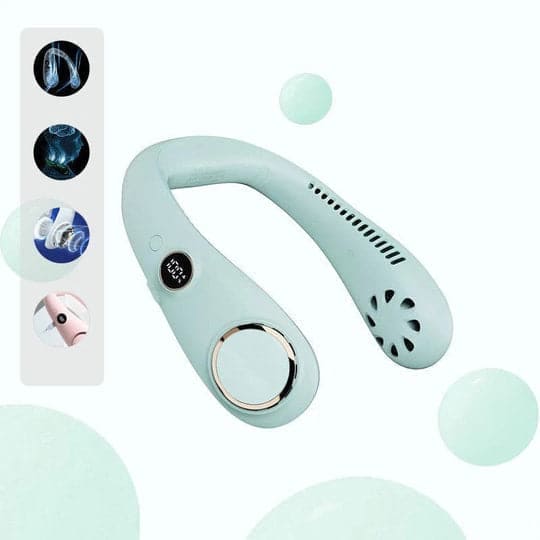 "Leichter, wiederaufladbarer Nackenventilator, tragbar, bietet leise Kühlung, ideal für Sommer, ergonomisches Design, grün."