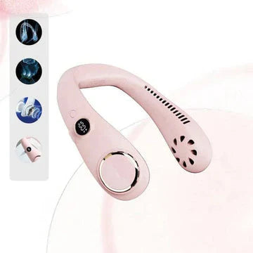 "Leichter, wiederaufladbarer Nackenventilator, tragbar, bietet leise Kühlung, ideal für Sommer, ergonomisches Design, grün."
