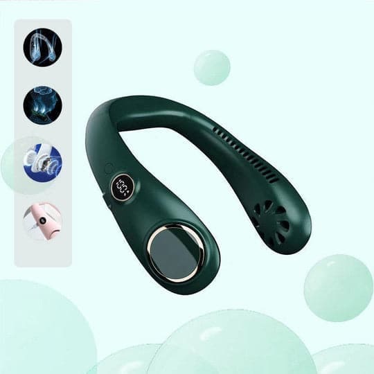 "Leichter, wiederaufladbarer Nackenventilator, tragbar, bietet leise Kühlung, ideal für Sommer, ergonomisches Design, grün."
