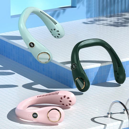"Leichter, wiederaufladbarer Nackenventilator, tragbar, bietet leise Kühlung, ideal für Sommer, ergonomisches Design, grün."