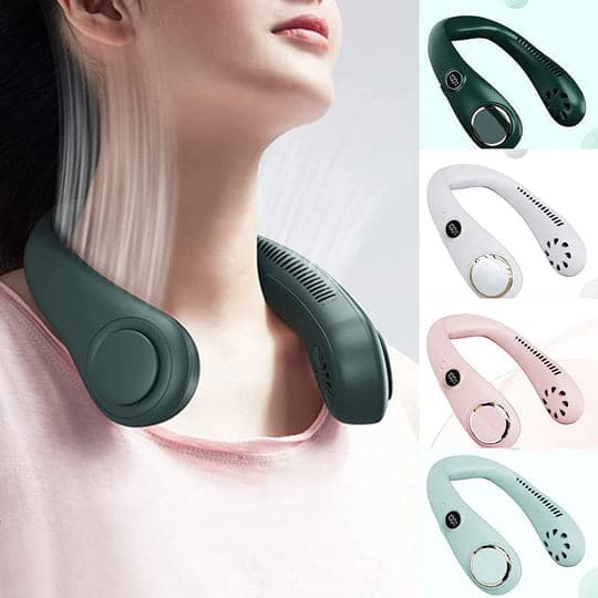 "Leichter, wiederaufladbarer Nackenventilator, tragbar, bietet leise Kühlung, ideal für Sommer, ergonomisches Design, grün."