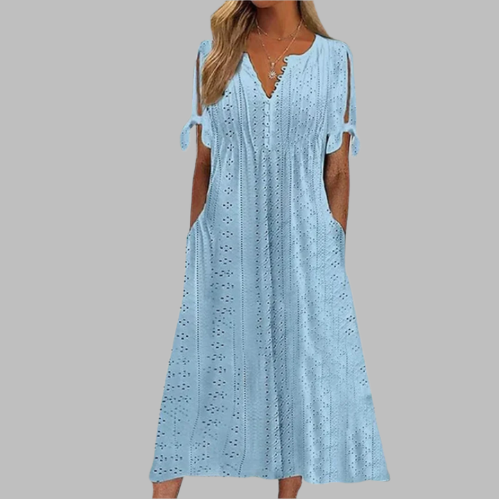 "Leichtes Boho Midikleid mit fließendem Schnitt und eleganten Details in Blau für Sommer, Damenmode"
