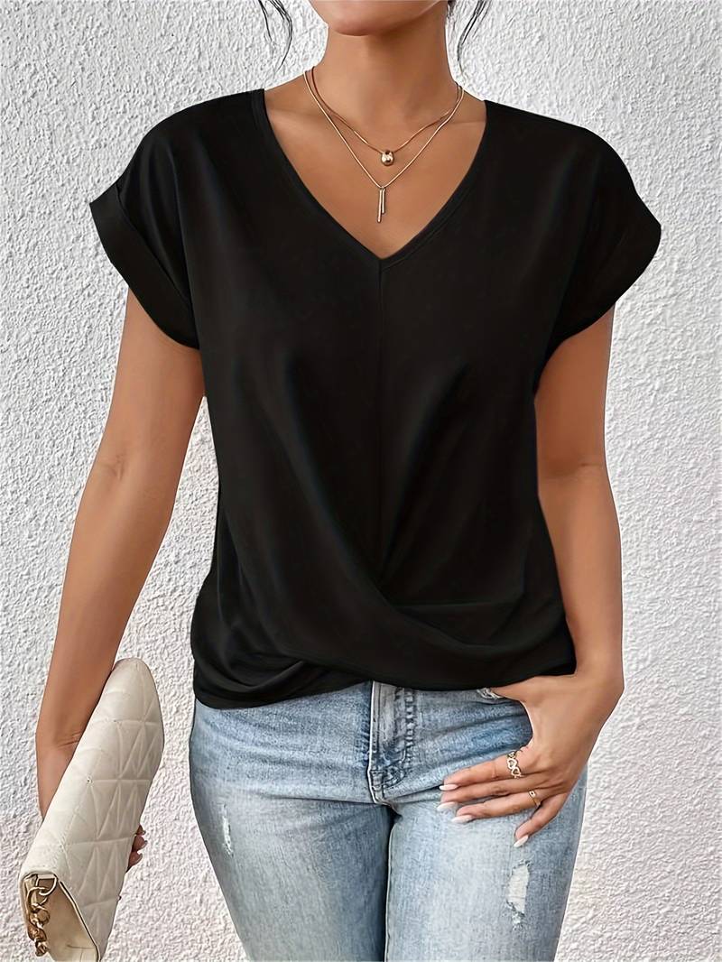 Leichtes Damenshirt mit V-Ausschnitt und Verdrehung-Detail, lässige Passform, ideal für vielseitige Outfits bei jedem Anlass.