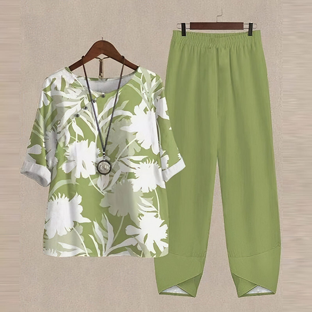 "Leichtes, elegantes Damen Sommer-Set, zweiteilig, vielseitig, atmungsaktiv, ideal für Strand und Stadt, in Blumenmuster."