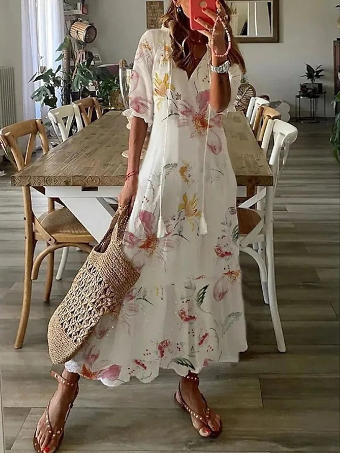 "Leichtes Sommer Midi Kleid mit elegantem Lichtdesign, vielseitig in Farben Beige, Bunt, Hellblau für Komfort und Stil"