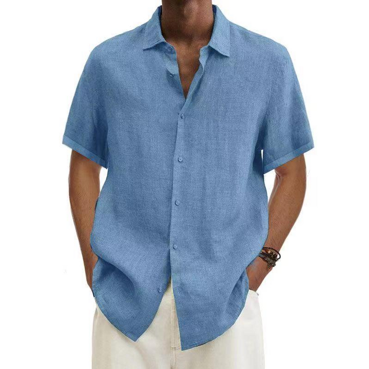 Leinen Kurzarmhemd Herren, stilvoll & bequem, mit Knopfleiste, in Blau, Grau oder Khaki, ideal für warme Tage.