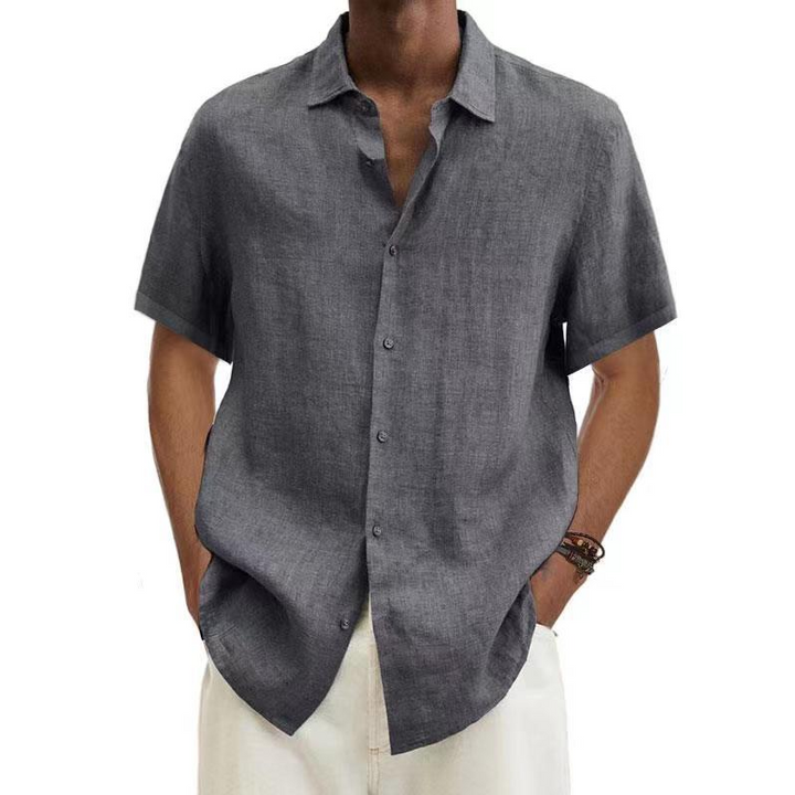 Leinen Kurzarmhemd Herren, stilvoll & bequem, mit Knopfleiste, in Blau, Grau oder Khaki, ideal für warme Tage.