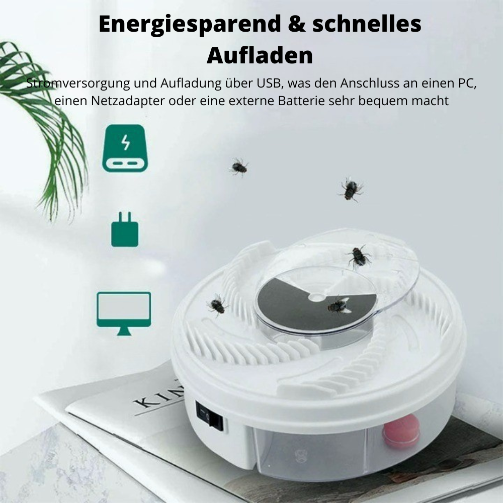 Leise, effektive Fliegenfalle für drinnen, mit Köderstationen, ungiftig. Perfekt für insektenfreie Sommerabende.